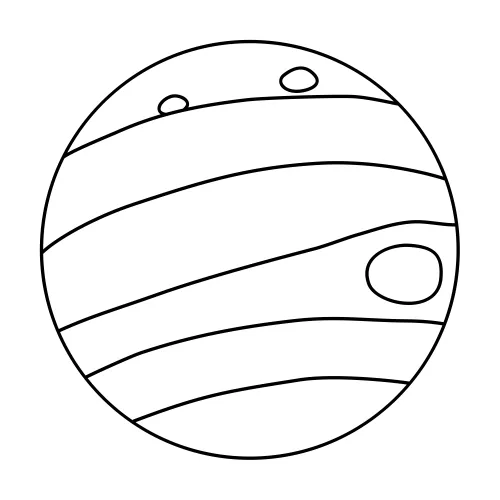 Vector outline for a drawing of a planet, inspired by Jupiter. There are six stripes. The top strip and the fourth from the top have small roughly circular patches.