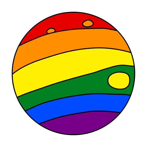 The same planet drawing as before, but with the stripes colored in the colors of the rainbow: red, orange, yellow, green, blue, purple. The patches are in colors of a neighboring stripe: orange, and yellow.
